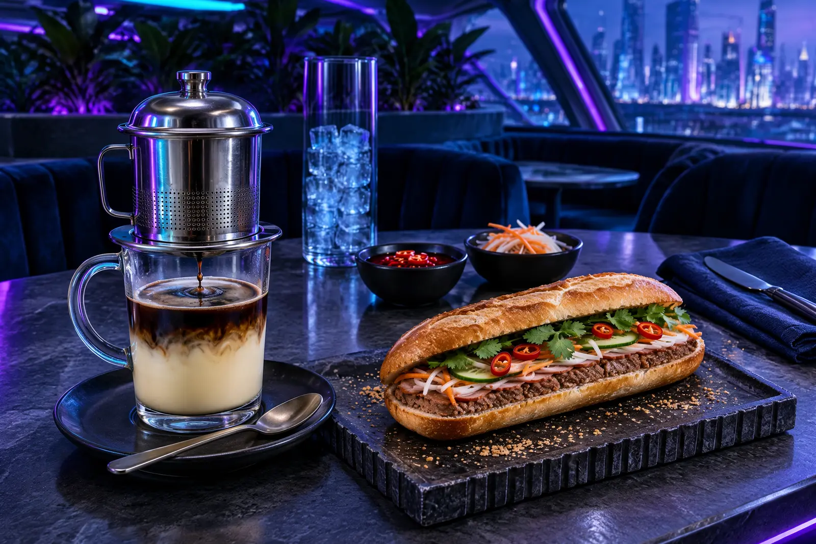 Bữa sáng với cà phê phin và bánh mì trên bàn đá tối, ánh đèn cyan dịu
