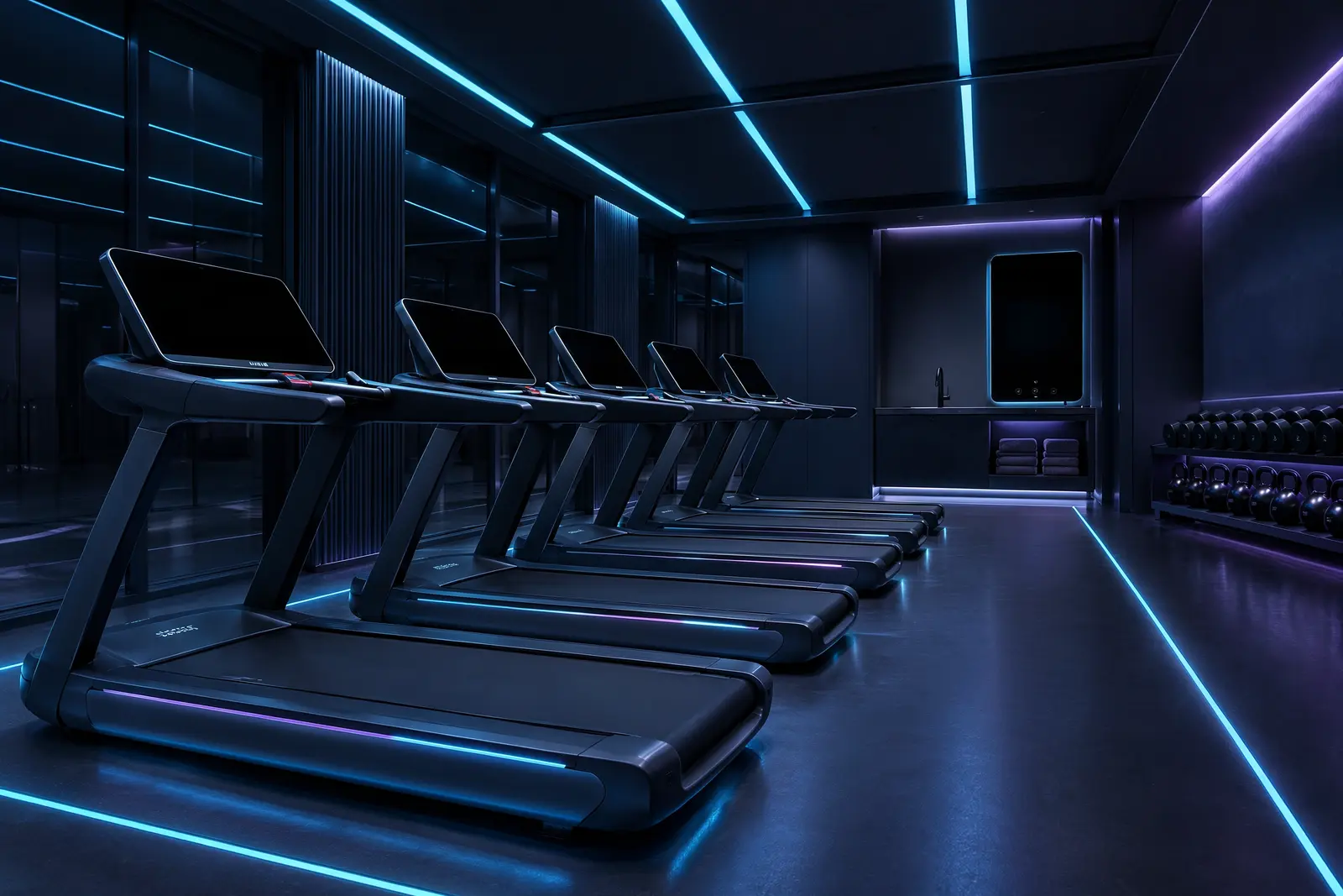 Phòng gym tối với máy chạy có màn hình và dải đèn cyan