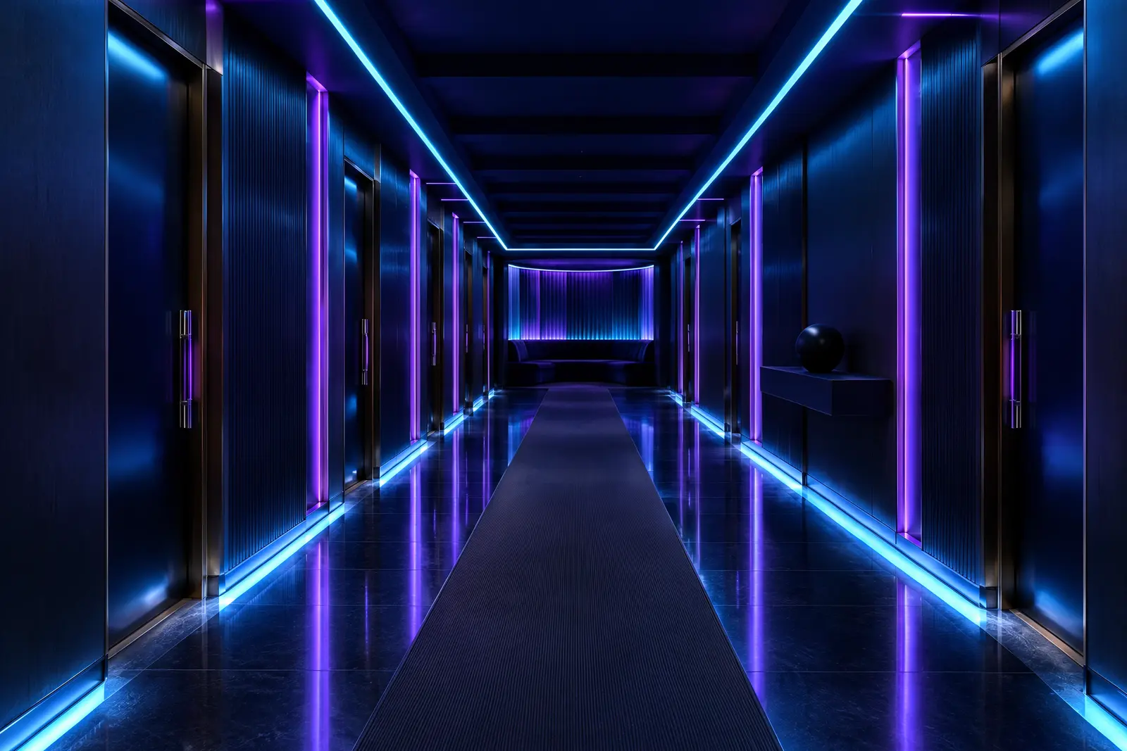 Hành lang với dải đèn LED cyan chạy dọc sàn và trần