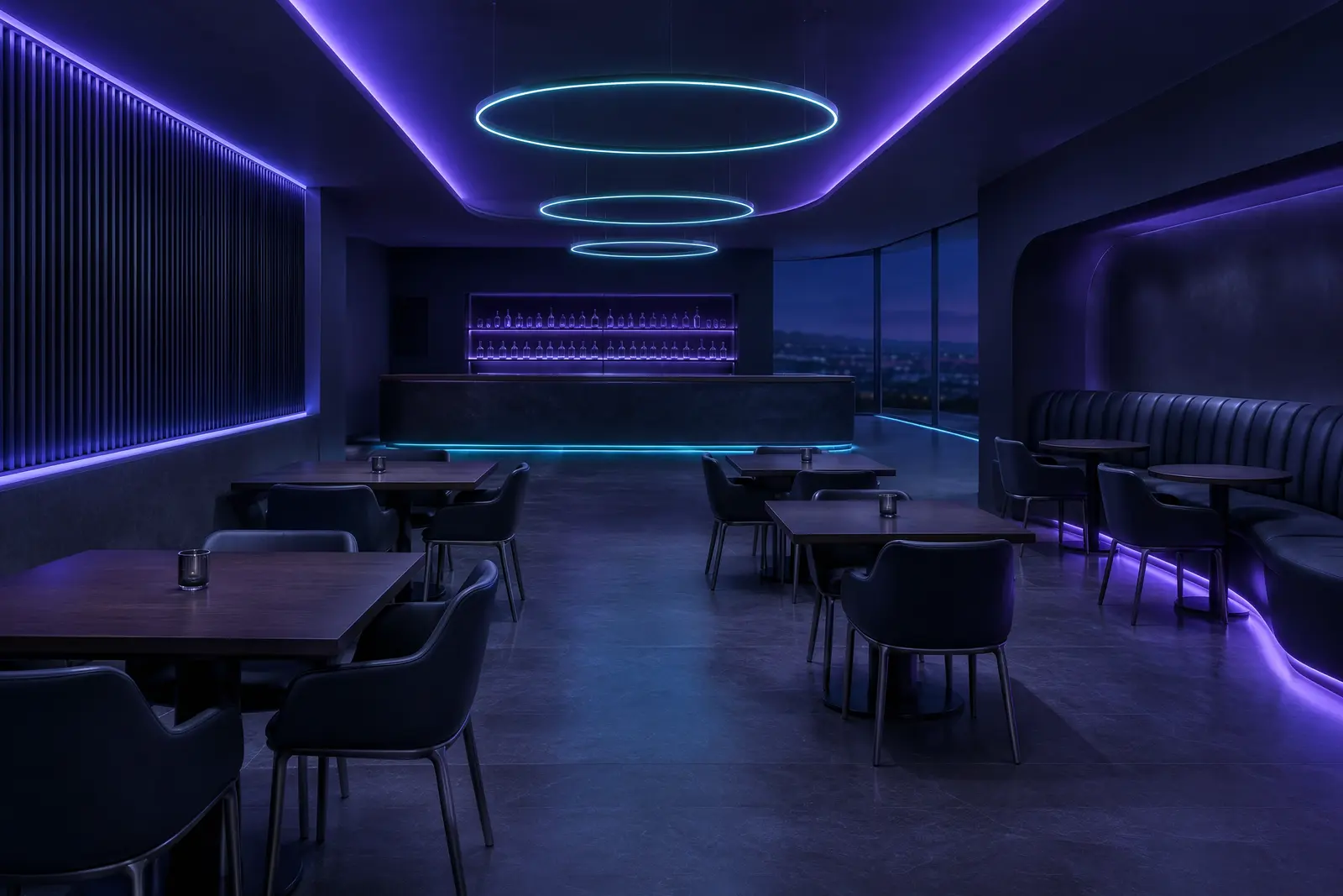 Nhà hàng tối giản ánh đèn neon dịu, bàn gỗ tối và ghế bọc da