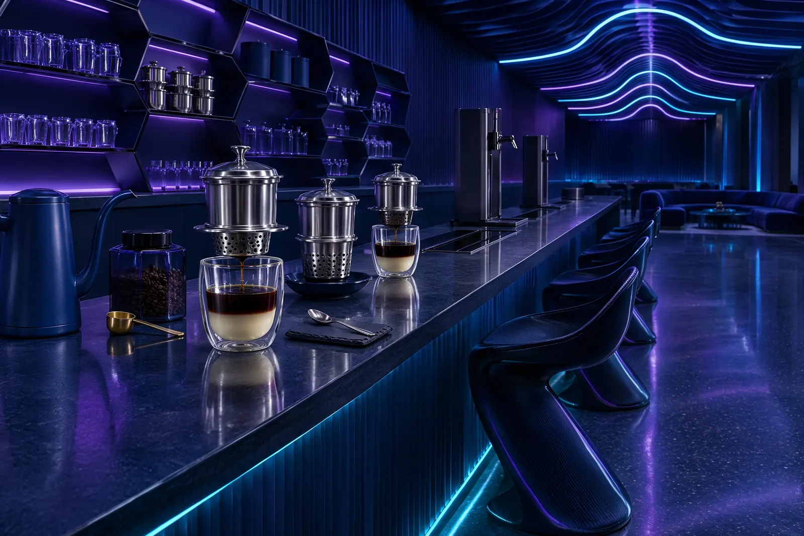 Quầy pha chế cà phê với ánh đèn neon cyan và tím, góc ẩm thực Buôn Ma Thuột trong khách sạn