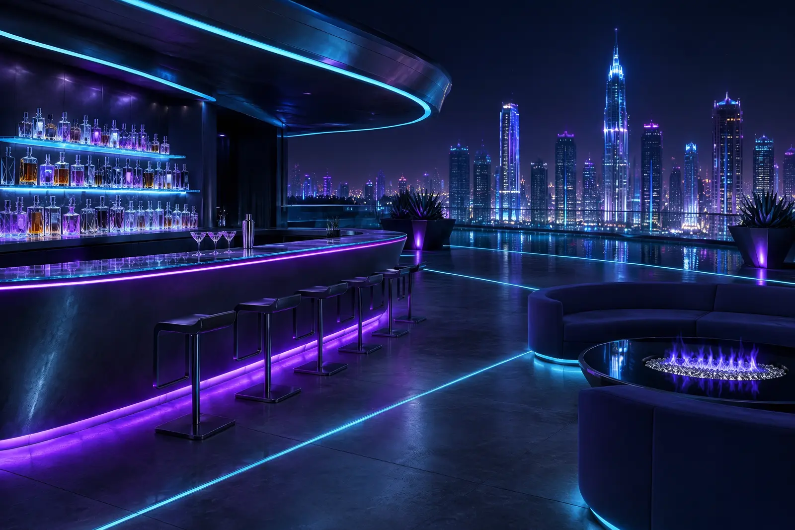 Quầy bar tầng thượng với đèn neon tím và thành phố sáng đèn phía xa