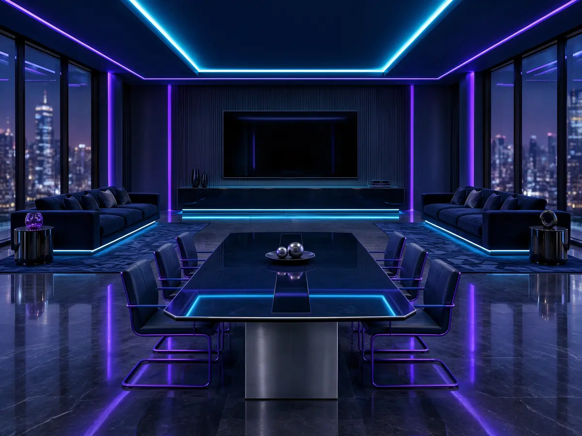 Phòng khách Sky Penthouse với bàn họp, màn hình lớn và đèn LED tím