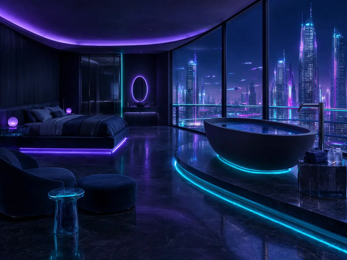 Sky Suite tầng cao với cửa kính lớn nhìn thành phố về đêm và đèn LED tím