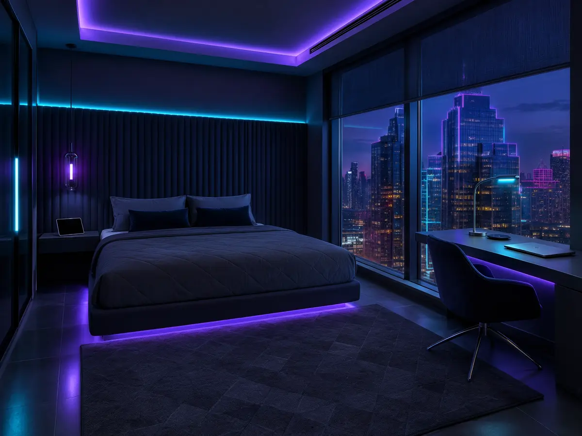 Phòng Smart Studio gọn gàng, giường Queen và dải đèn LED cyan sau đầu giường