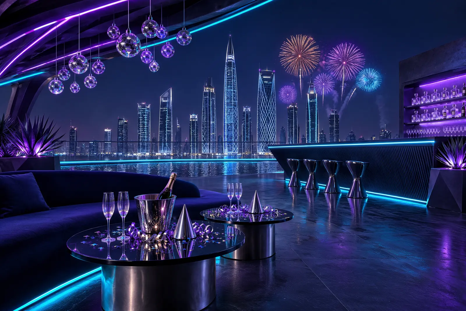 Quầy bar tầng thượng về đêm, đèn neon tím và thành phố sáng đèn