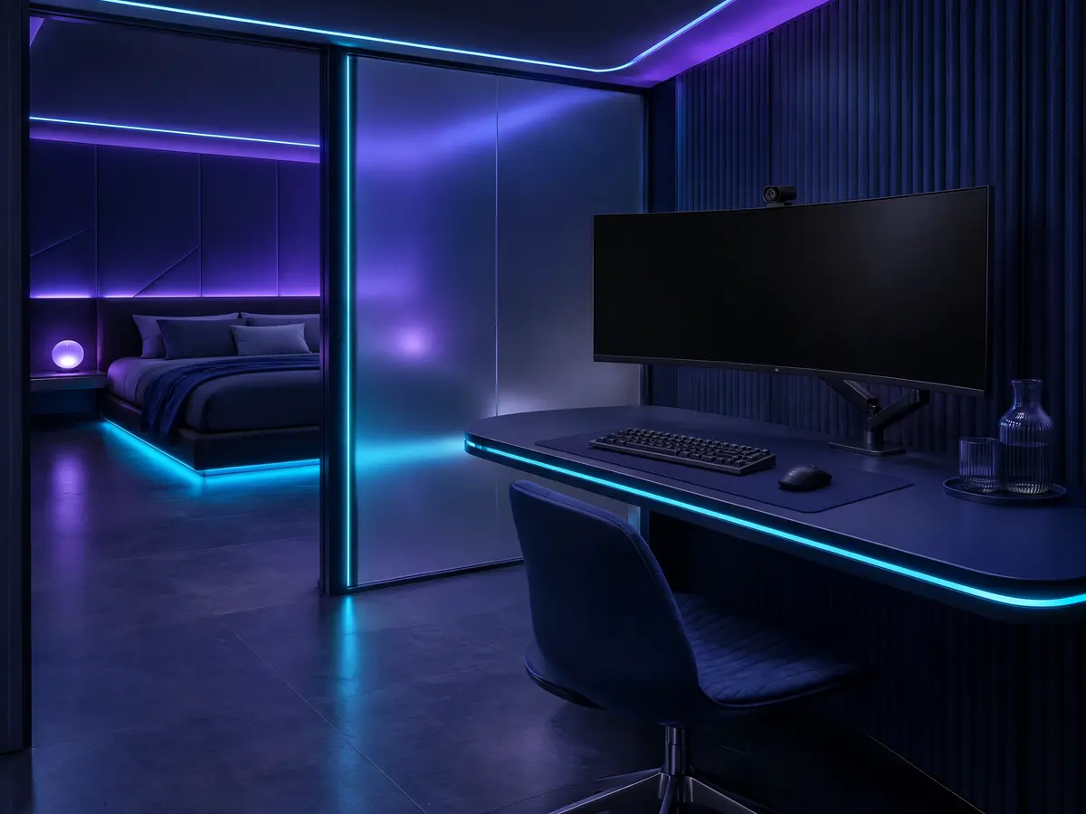 Work Suite có góc làm việc với màn hình lớn, camera và đèn LED cyan
