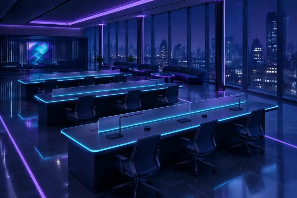 Coworking tối giản với đèn LED cyan dọc bàn dài