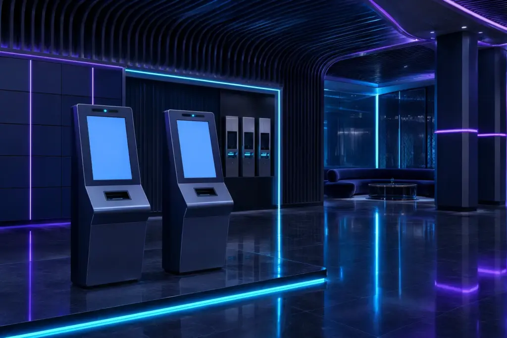 Quầy tự nhận phòng màn hình sáng xanh, minh họa check-in không chạm